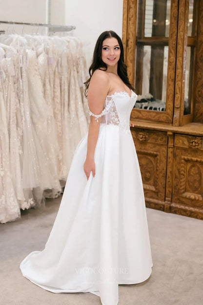 Wedding Dresses 2025 to impress Timeless Ivory Satin Wedding Dress with Sheer Corset Bodice, Off-Shoulder Floral Lace & High Slit – W2354-vigocouture-vigocouture