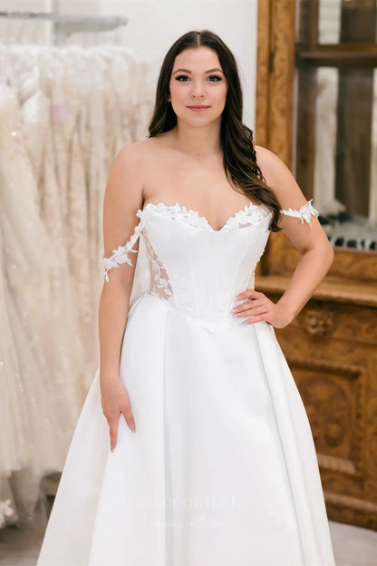 Wedding Dresses 2025 to impress Timeless Ivory Satin Wedding Dress with Sheer Corset Bodice, Off-Shoulder Floral Lace & High Slit – W2354-vigocouture-vigocouture