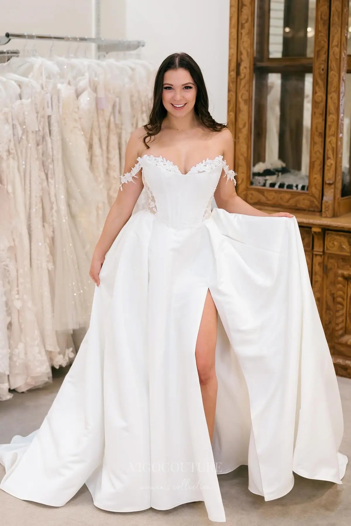 Timeless Ivory Satin Wedding Dress with Sheer Corset Bodice, Off-Shoulder Floral Lace & High Slit – W2354