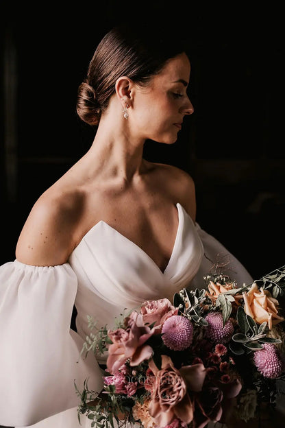 Wedding Dresses 2025 to impress Timeless Organza Off-Shoulder Wedding Dress with Sweetheart Neckline & Puff Sleeves – W2604-vigocouture-vigocouture