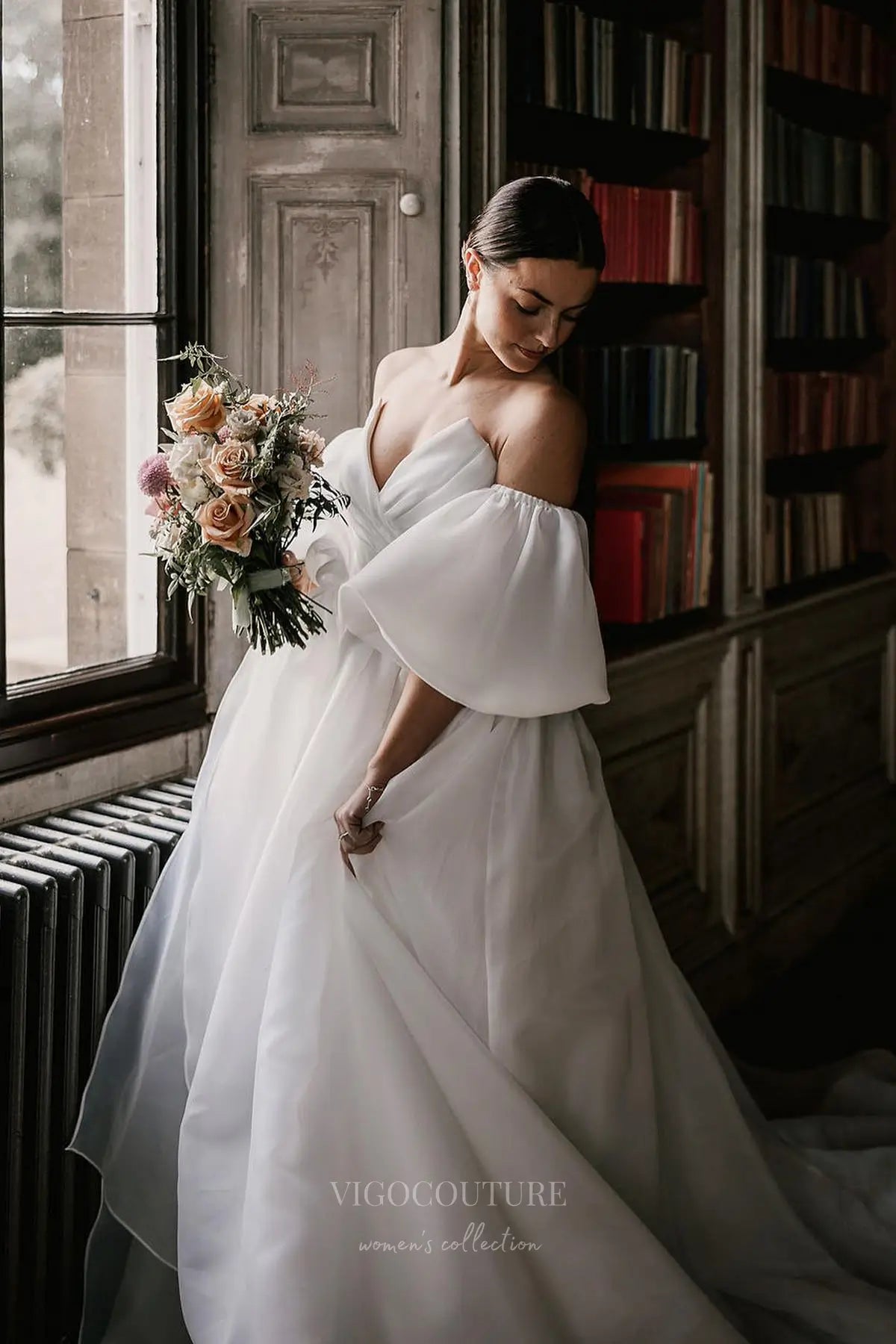 Wedding Dresses 2025 to impress Timeless Organza Off-Shoulder Wedding Dress with Sweetheart Neckline & Puff Sleeves – W2604-vigocouture-vigocouture