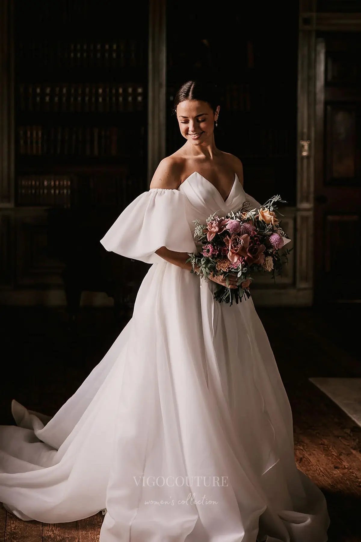 Timeless Organza Off-Shoulder Wedding Dress with Sweetheart Neckline & Puff Sleeves – W2604