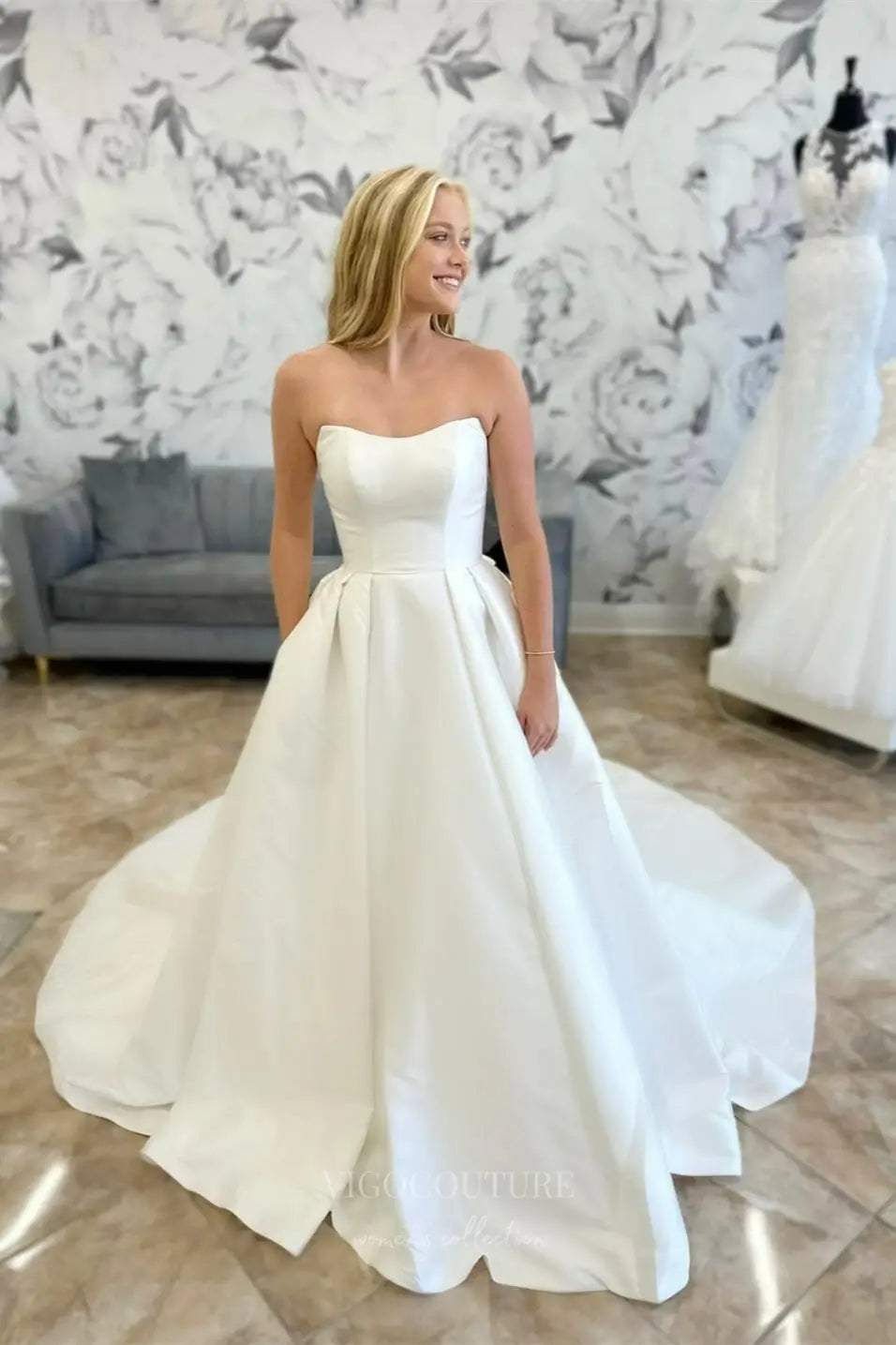 Wedding Dresses 2025 to impress Timeless Strapless Satin Ball Gown Wedding Dress with Pearl-Trimmed Illusion Back, Pockets & Oversized Bow Train – W2611-vigocouture-vigocouture