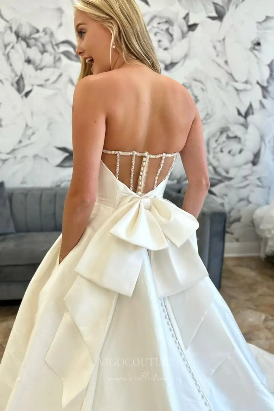 Wedding Dresses 2025 to impress Timeless Strapless Satin Ball Gown Wedding Dress with Pearl-Trimmed Illusion Back, Pockets & Oversized Bow Train – W2611-vigocouture-vigocouture