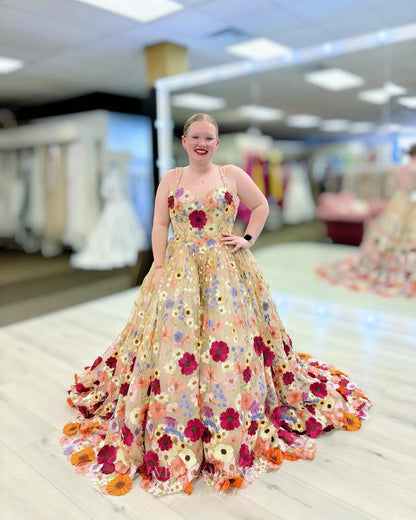 Vibrant Multicolor Floral Appliqué Ball Gown Wedding Dress with Sweetheart Bodice & Dramatic Train – W2622