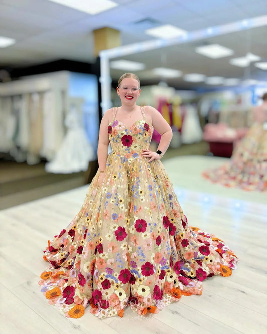 Vibrant Multicolor Floral Appliqué Ball Gown Wedding Dress with Sweetheart Bodice & Dramatic Train – W2622