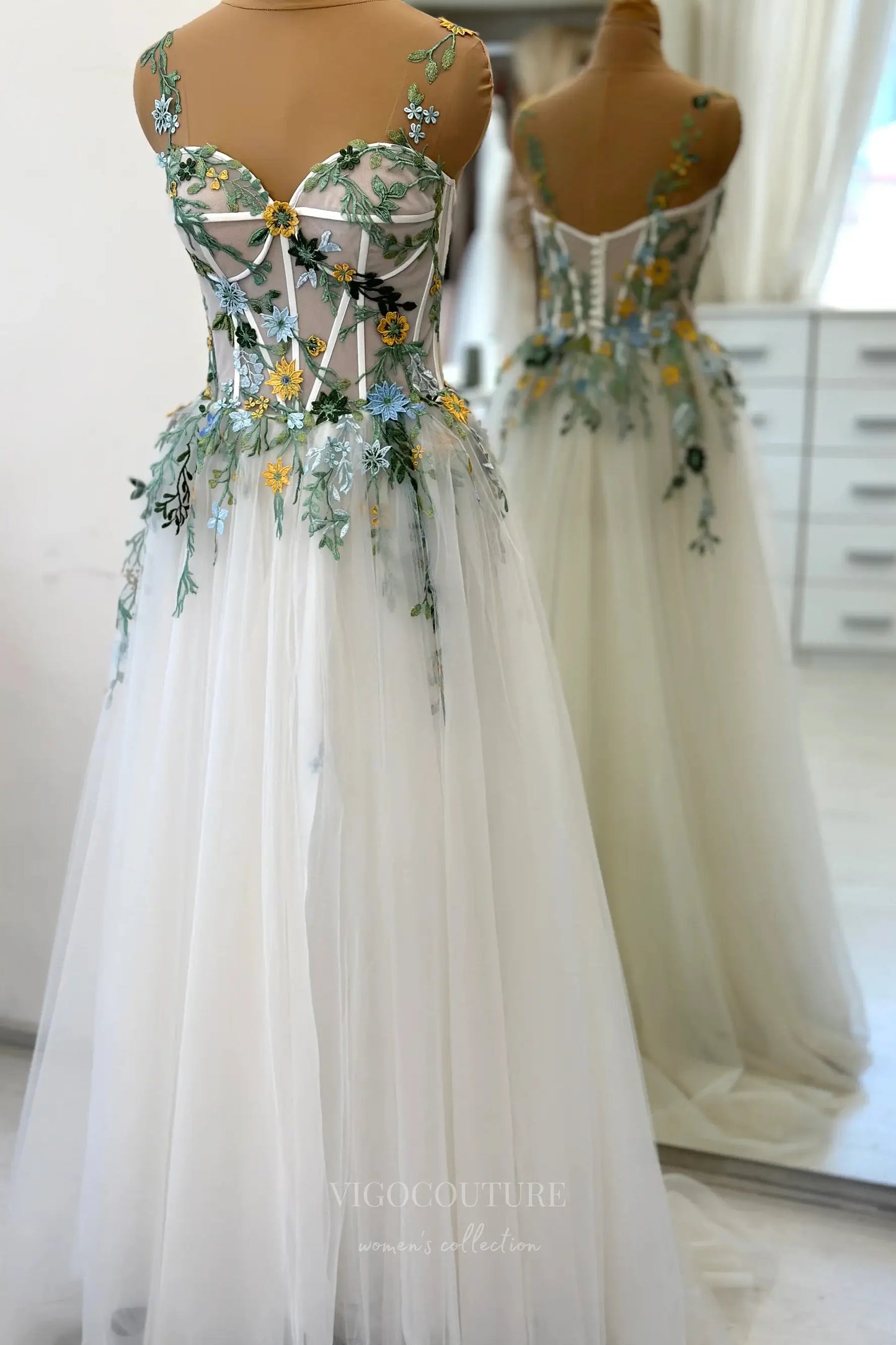 Wedding Dresses 2025 to impress Whimsical Boho Floral Wedding Dress with Sheer Corset Bodice and Tulle A-Line Skirt – W2227-vigocouture-vigocouture