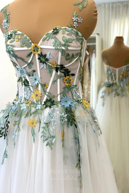 Wedding Dresses 2025 to impress Whimsical Boho Floral Wedding Dress with Sheer Corset Bodice and Tulle A-Line Skirt – W2227-vigocouture-vigocouture