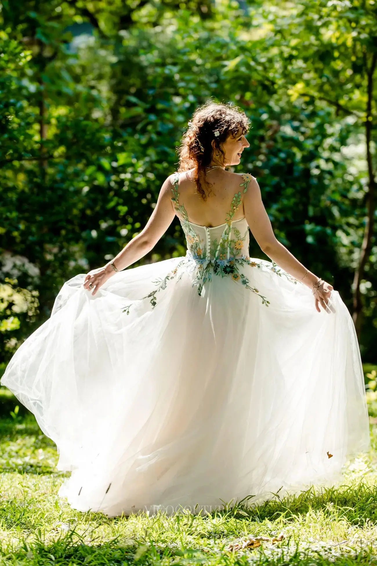 Whimsical Boho Floral Wedding Dress with Sheer Corset Bodice and Tulle A-Line Skirt – W2227