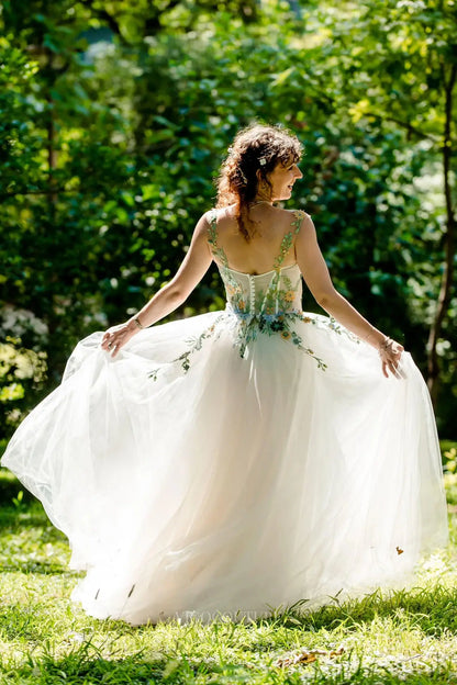 Whimsical Boho Floral Wedding Dress with Sheer Corset Bodice and Tulle A-Line Skirt – W2227