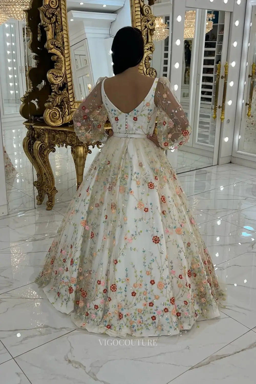 Wedding Dresses 2025 to impress Whimsical Floral Embroidered Ball Gown Wedding Dress with Square Neckline & Sheer Sleeves – W2642-vigocouture-vigocouture