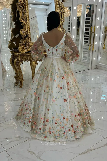 Wedding Dresses 2025 to impress Whimsical Floral Embroidered Ball Gown Wedding Dress with Square Neckline & Sheer Sleeves – W2642-vigocouture-vigocouture