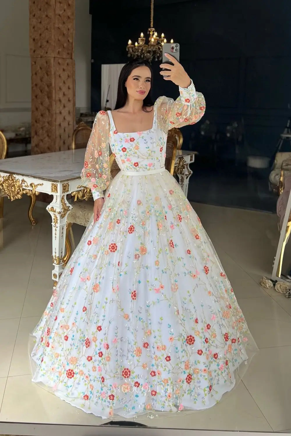 Wedding Dresses 2025 to impress Whimsical Floral Embroidered Ball Gown Wedding Dress with Square Neckline & Sheer Sleeves – W2642-vigocouture-vigocouture