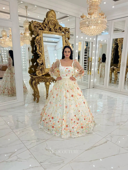 Wedding Dresses 2025 to impress Whimsical Floral Embroidered Ball Gown Wedding Dress with Square Neckline & Sheer Sleeves – W2642-vigocouture-vigocouture