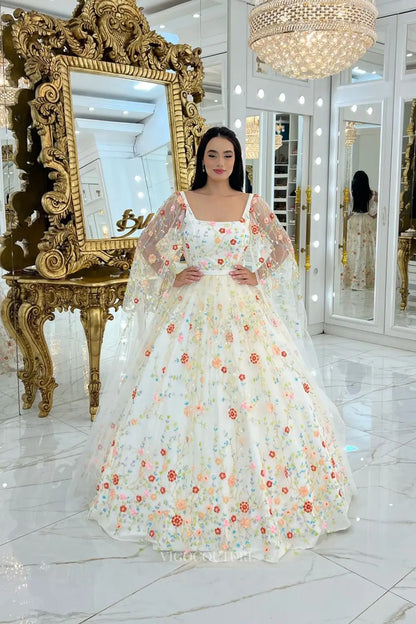 Wedding Dresses 2025 to impress Whimsical Floral Embroidered Ball Gown Wedding Dress with Square Neckline & Sheer Sleeves – W2642-vigocouture-vigocouture