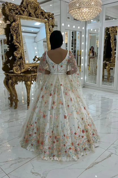 Wedding Dresses 2025 to impress Whimsical Floral Embroidered Ball Gown Wedding Dress with Square Neckline & Sheer Sleeves – W2642-vigocouture-vigocouture