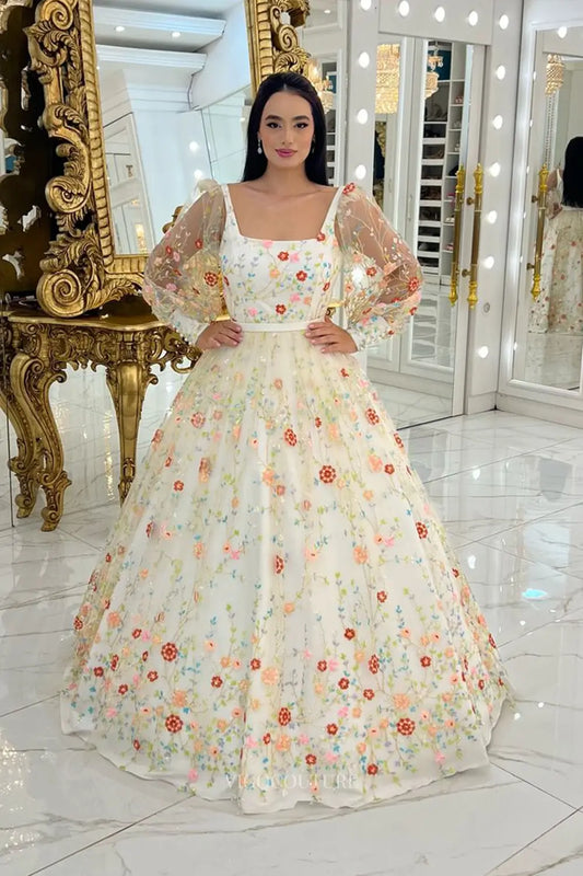 Whimsical Floral Embroidered Ball Gown Wedding Dress with Square Neckline & Sheer Sleeves – W2642