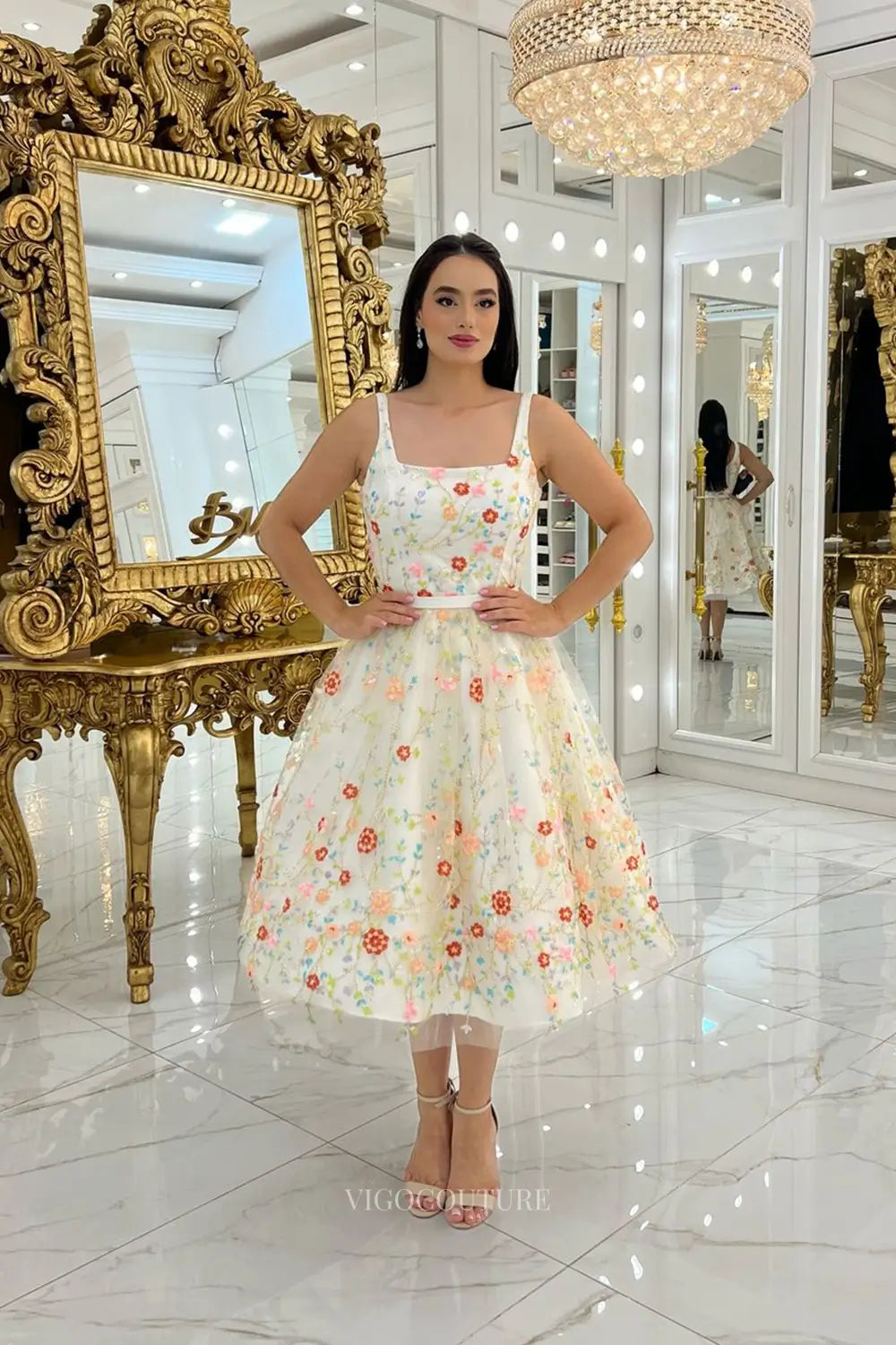 Wedding Dresses 2025 to impress Whimsical Floral Embroidered Short Wedding Dress with Square Neckline, A-Line Tea-Length Skirt & Removable Puff Sleeves – W2644-vigocouture-vigocouture