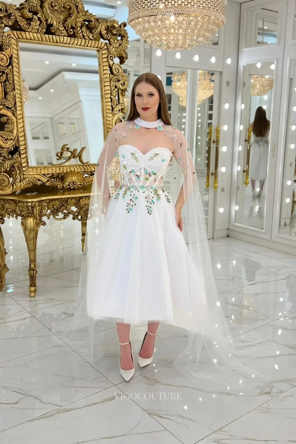 Wedding Dresses 2025 to impress Whimsical Floral Embroidered Short Wedding Dress with Sweetheart Neckline & Sheer Corset Bodice – W2645-vigocouture-White-Custom Size-Long Cape Sleeve-vigocouture