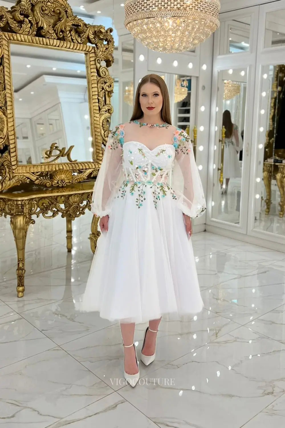 Wedding Dresses 2025 to impress Whimsical Floral Embroidered Short Wedding Dress with Sweetheart Neckline & Sheer Corset Bodice – W2645-vigocouture-White-Custom Size-Long Floral Tulle Sleeve-vigocouture