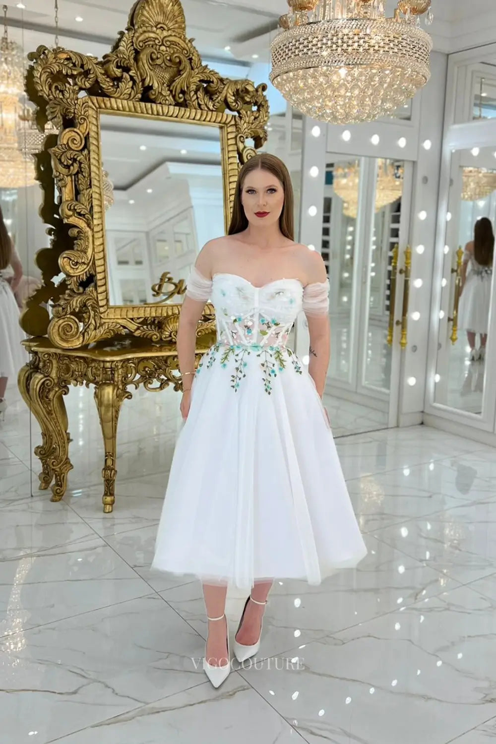 Wedding Dresses 2025 to impress Whimsical Floral Embroidered Short Wedding Dress with Sweetheart Neckline & Sheer Corset Bodice – W2645-vigocouture-White-Custom Size-Off the Shoulder-vigocouture