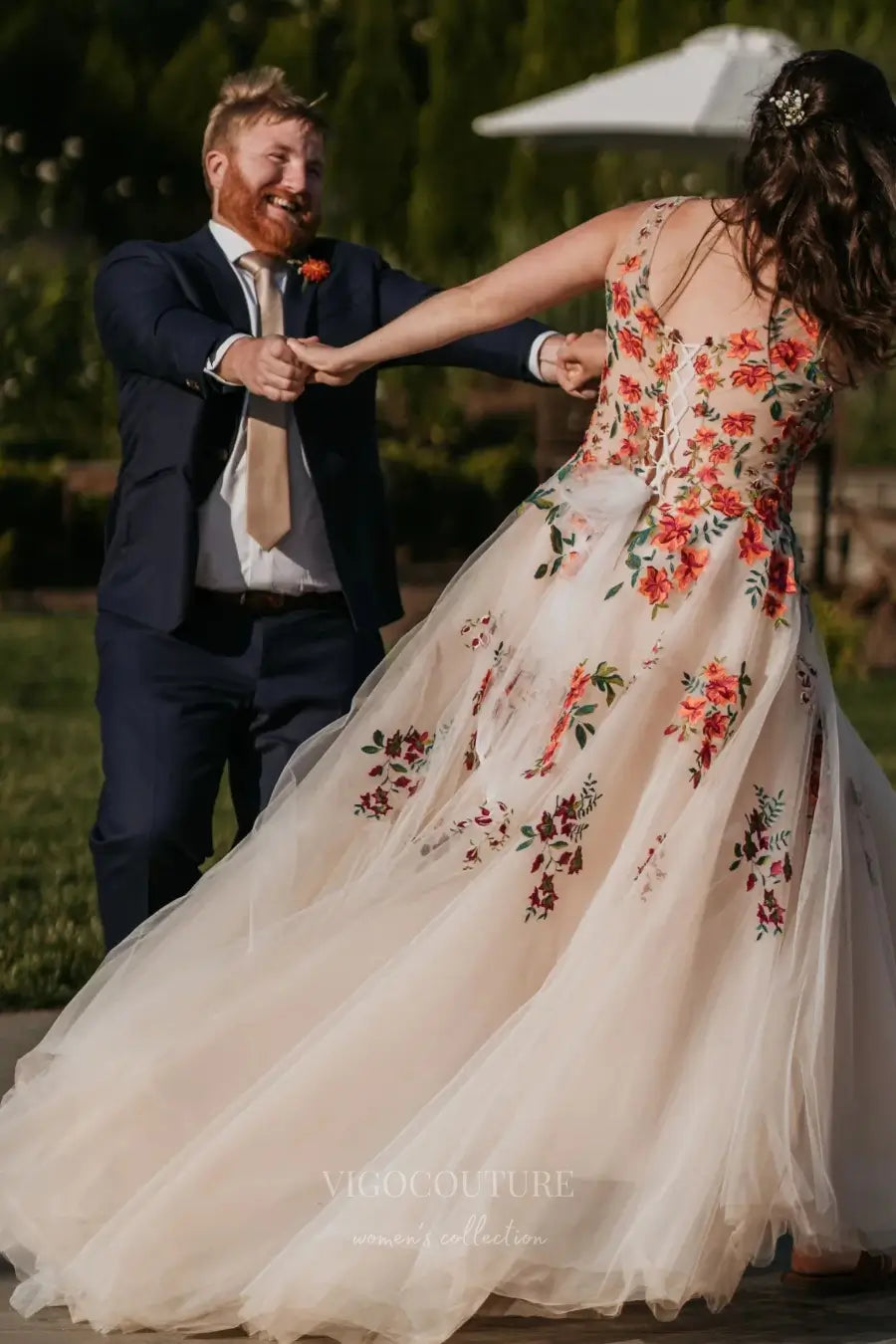 Wedding Dresses 2025 to impress Whimsical Floral Embroidered Tulle Wedding Dress with Sheer Bodice, V-Neck, A-Line Skirt – W2233-vigocouture-vigocouture