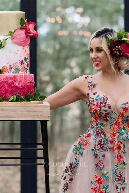 Wedding Dresses 2025 to impress Whimsical Floral Embroidered Tulle Wedding Dress with Sheer Bodice, V-Neck, A-Line Skirt – W2233-vigocouture-vigocouture