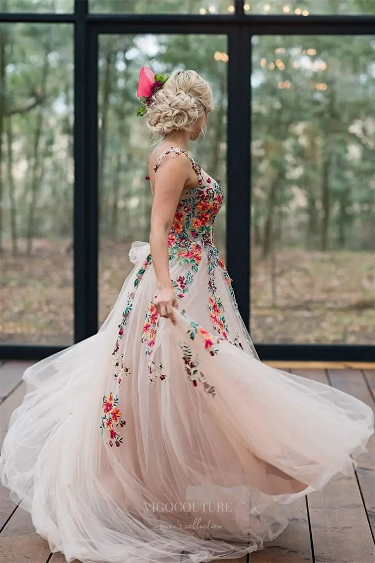 Wedding Dresses 2025 to impress Whimsical Floral Embroidered Tulle Wedding Dress with Sheer Bodice, V-Neck, A-Line Skirt – W2233-vigocouture-vigocouture