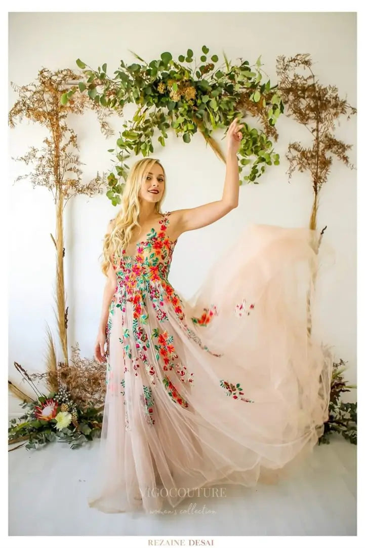 Wedding Dresses 2025 to impress Whimsical Floral Embroidered Tulle Wedding Dress with Sheer Bodice, V-Neck, A-Line Skirt – W2233-vigocouture-vigocouture