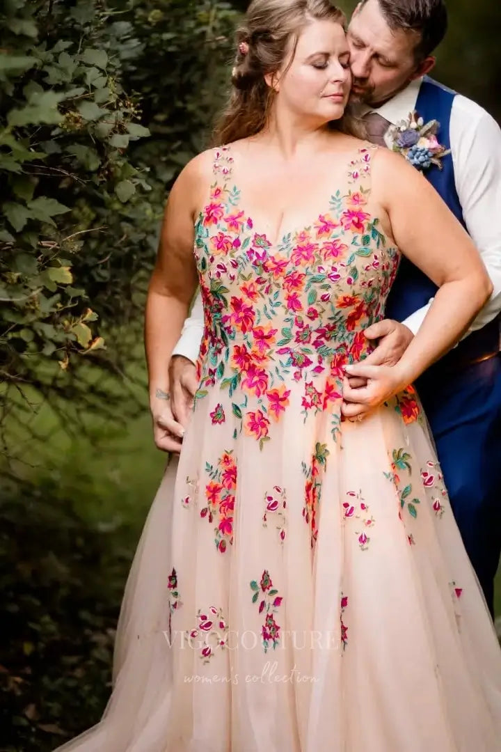 Wedding Dresses 2025 to impress Whimsical Floral Embroidered Tulle Wedding Dress with Sheer Bodice, V-Neck, A-Line Skirt – W2233-vigocouture-vigocouture