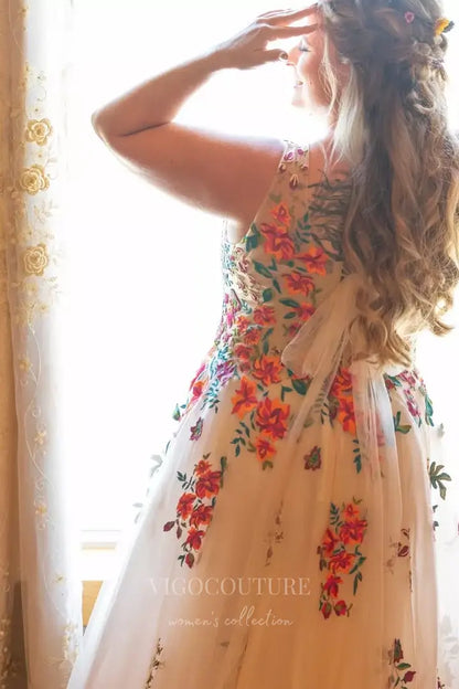 Wedding Dresses 2025 to impress Whimsical Floral Embroidered Tulle Wedding Dress with Sheer Bodice, V-Neck, A-Line Skirt – W2233-vigocouture-vigocouture