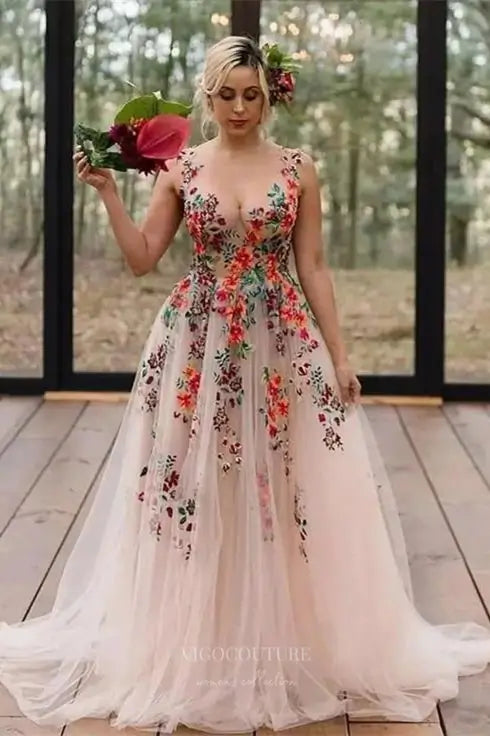 Whimsical Floral Embroidered Tulle Wedding Dress with Sheer Bodice, V-Neck, A-Line Skirt – W2233