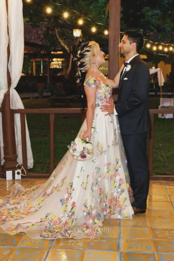 Wedding Dresses 2025 to impress Whimsical Floral Embroidered Wedding Dress with V-Neckline, Sheer Bodice, and Chapel Train – W2231-vigocouture-vigocouture