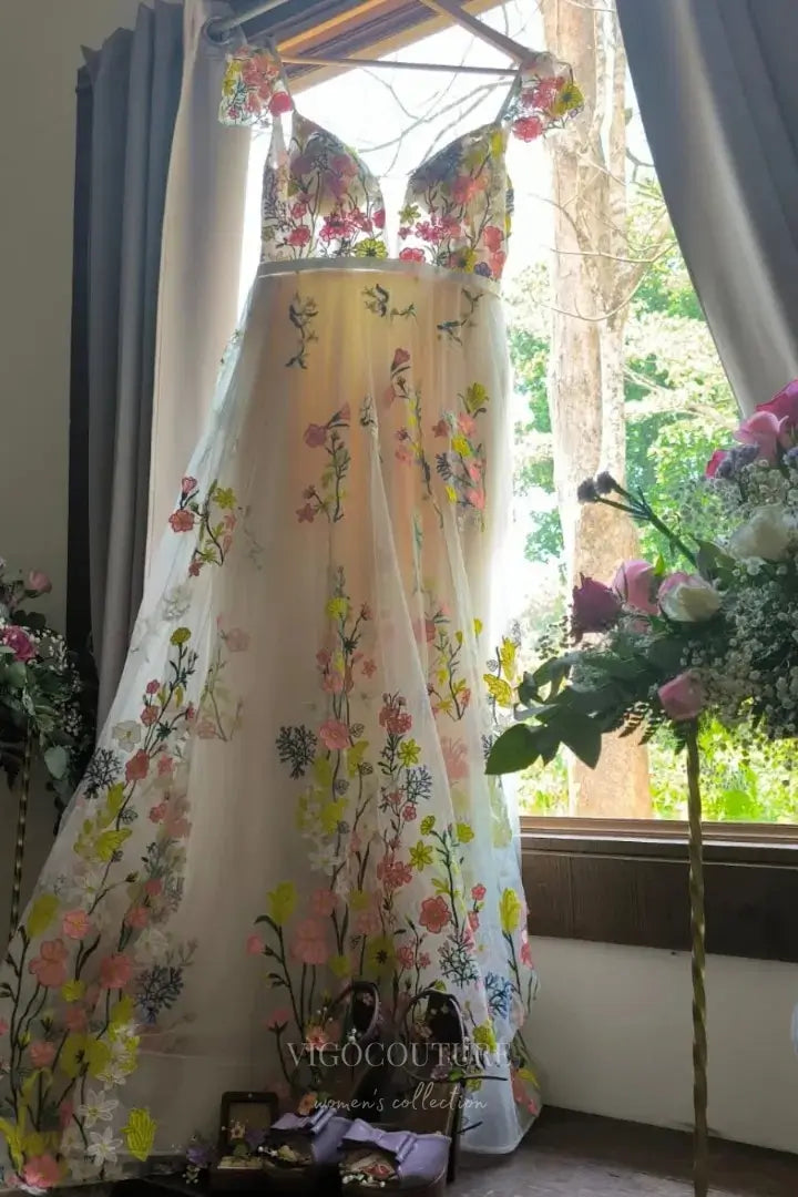 Wedding Dresses 2025 to impress Whimsical Floral Embroidered Wedding Dress with V-Neckline, Sheer Bodice, and Chapel Train – W2231-vigocouture-vigocouture