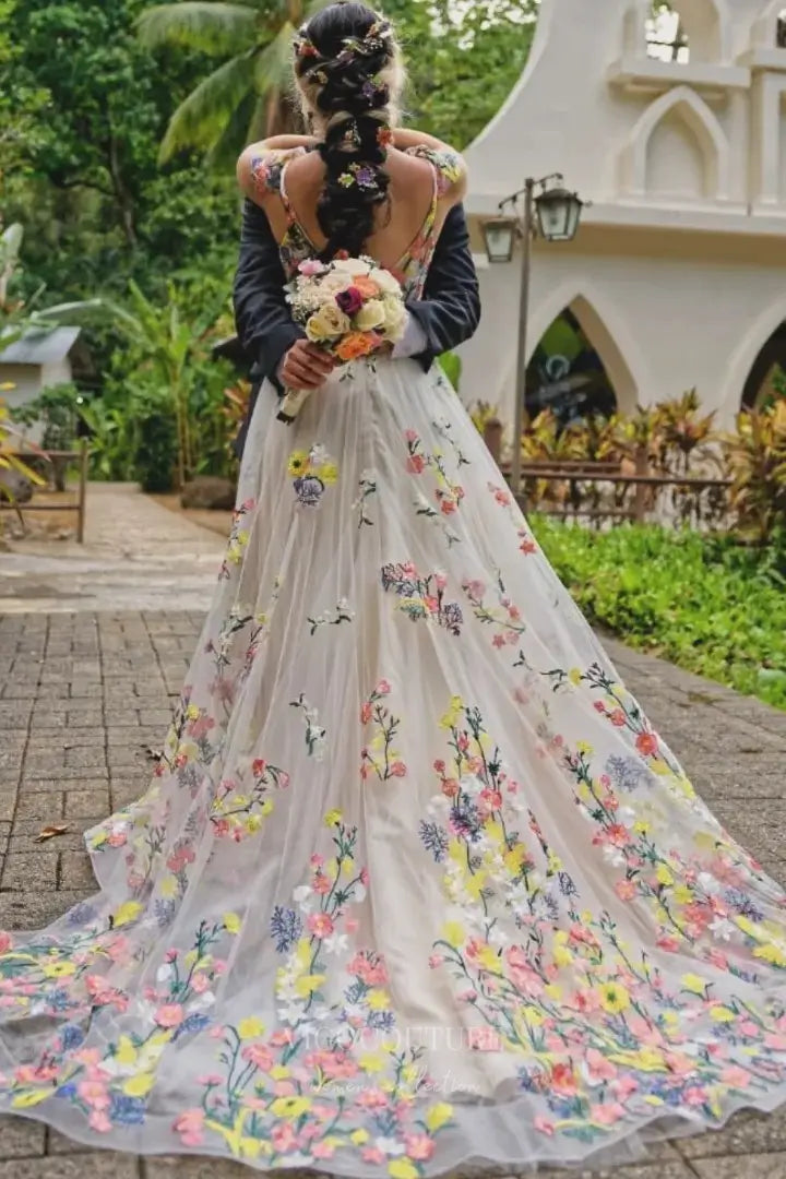 Wedding Dresses 2025 to impress Whimsical Floral Embroidered Wedding Dress with V-Neckline, Sheer Bodice, and Chapel Train – W2231-vigocouture-vigocouture