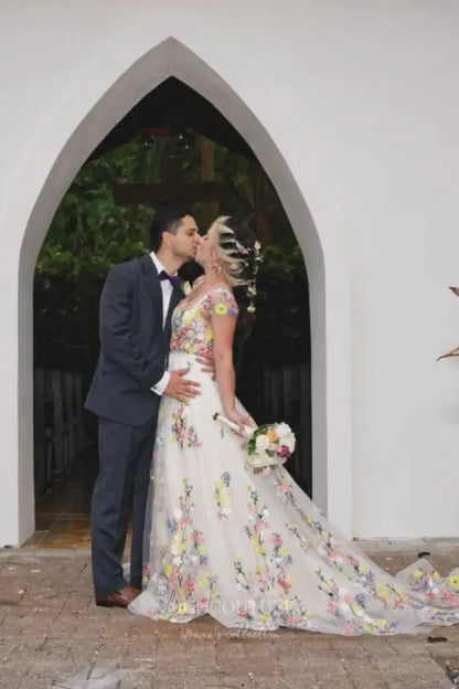 Wedding Dresses 2025 to impress Whimsical Floral Embroidered Wedding Dress with V-Neckline, Sheer Bodice, and Chapel Train – W2231-vigocouture-vigocouture