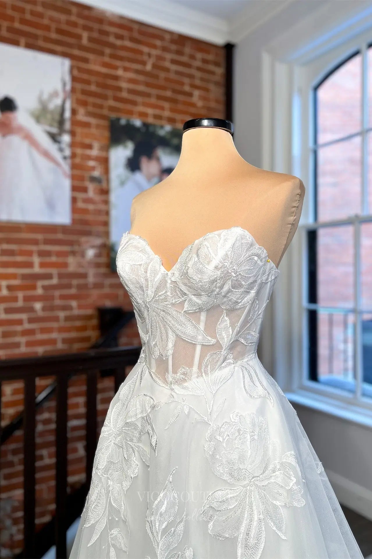 Wedding Dresses 2025 to impress Whimsical Ivory Floral Lace Wedding Dress with Sweetheart Neckline, Sheer Corset Bodice & Chapel Train – W2353-vigocouture-vigocouture
