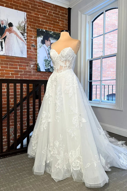 Whimsical Ivory Floral Lace Wedding Dress with Sweetheart Neckline, Sheer Corset Bodice & Chapel Train – W2353