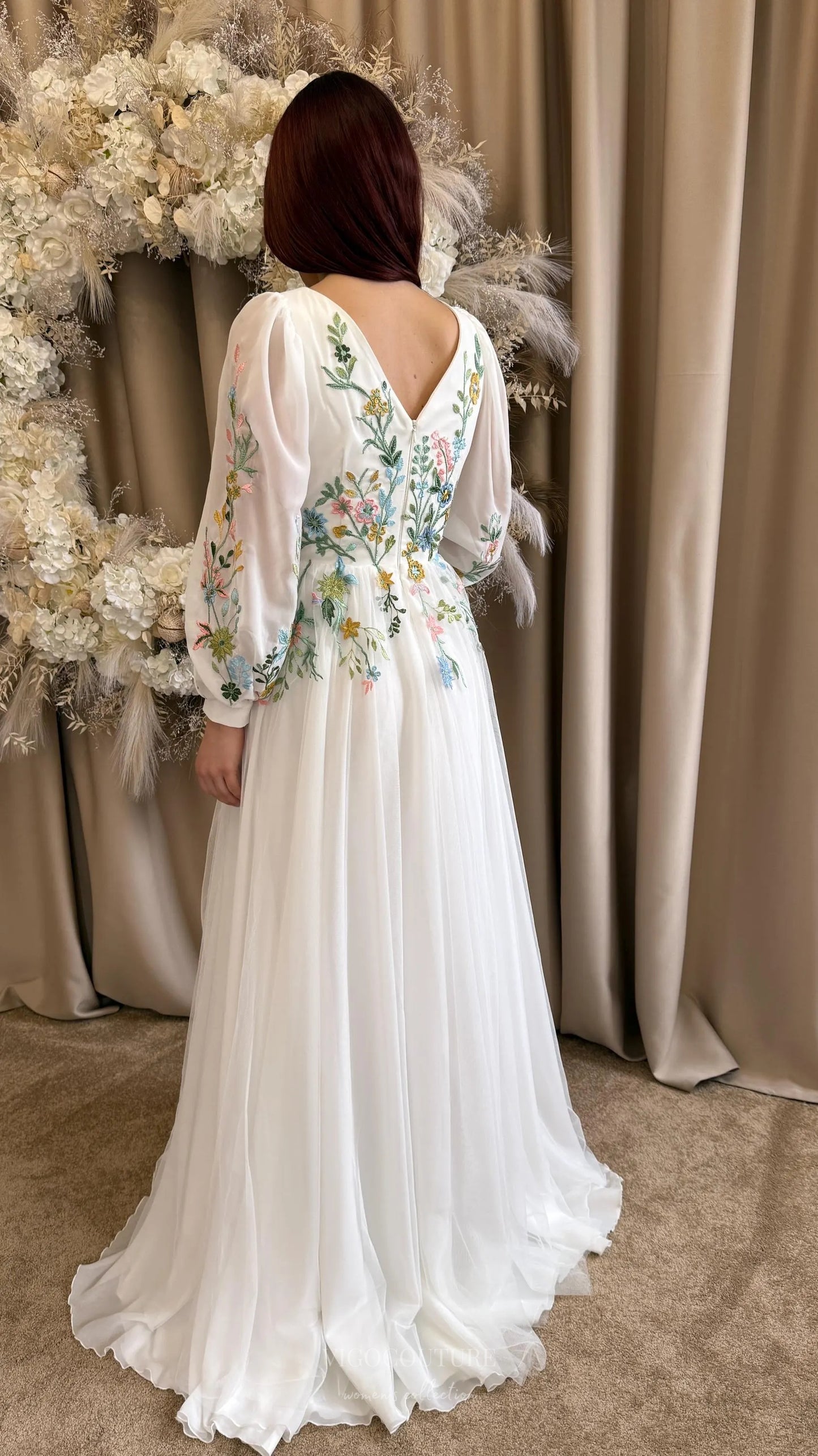 Wedding Dresses 2025 to impress Whimsical Ivory Wedding Dress with Pastel Wildflower Embroidery, Long Puff Sleeves & V-Neckline – W2376-vigocouture-vigocouture