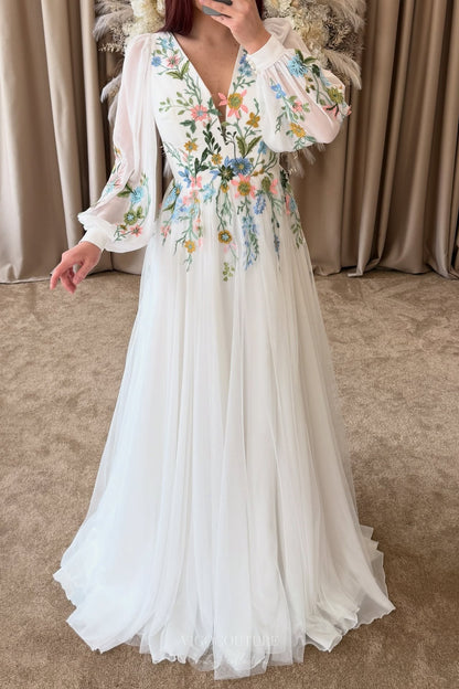 Wedding Dresses 2025 to impress Whimsical Ivory Wedding Dress with Pastel Wildflower Embroidery, Long Puff Sleeves & V-Neckline – W2376-vigocouture-vigocouture