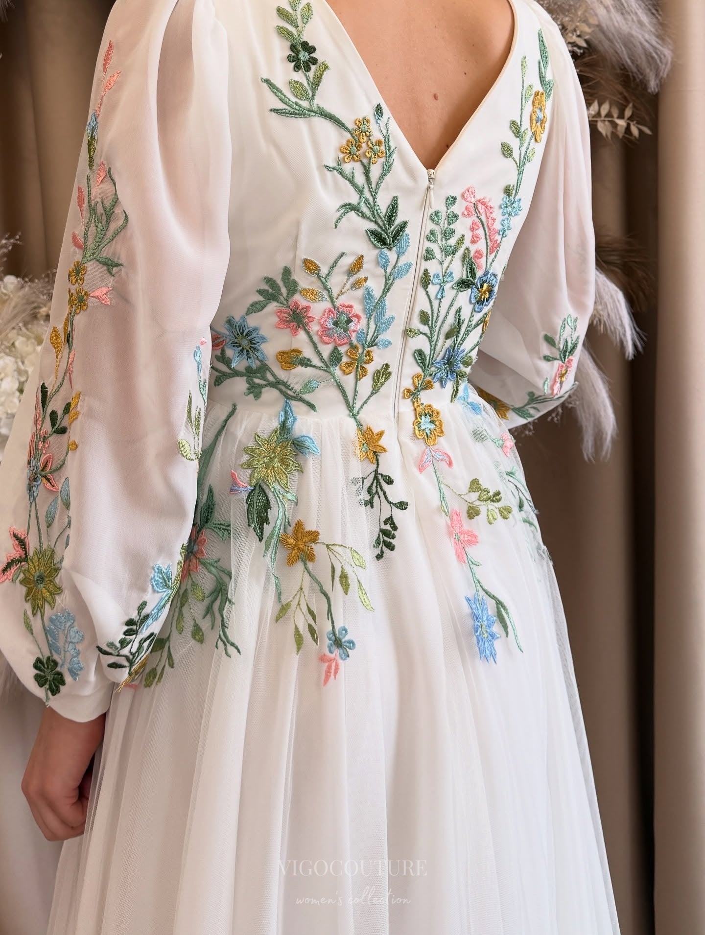 Wedding Dresses 2025 to impress Whimsical Ivory Wedding Dress with Pastel Wildflower Embroidery, Long Puff Sleeves & V-Neckline – W2376-vigocouture-vigocouture
