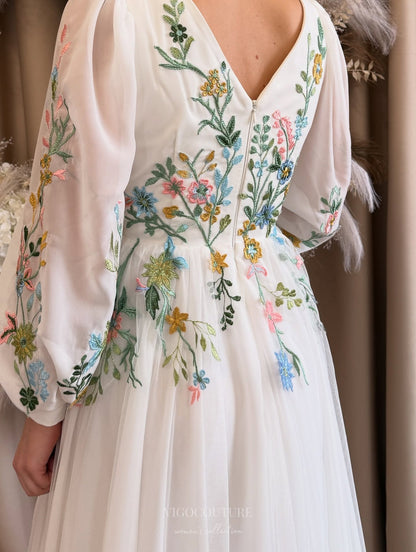 Wedding Dresses 2025 to impress Whimsical Ivory Wedding Dress with Pastel Wildflower Embroidery, Long Puff Sleeves & V-Neckline – W2376-vigocouture-vigocouture