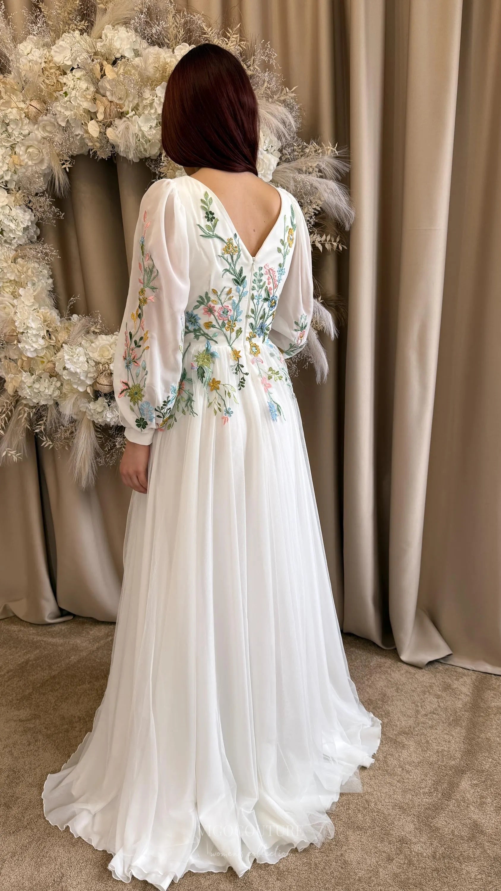 Wedding Dresses 2025 to impress Whimsical Ivory Wedding Dress with Pastel Wildflower Embroidery, Long Puff Sleeves & V-Neckline – W2376-vigocouture-vigocouture