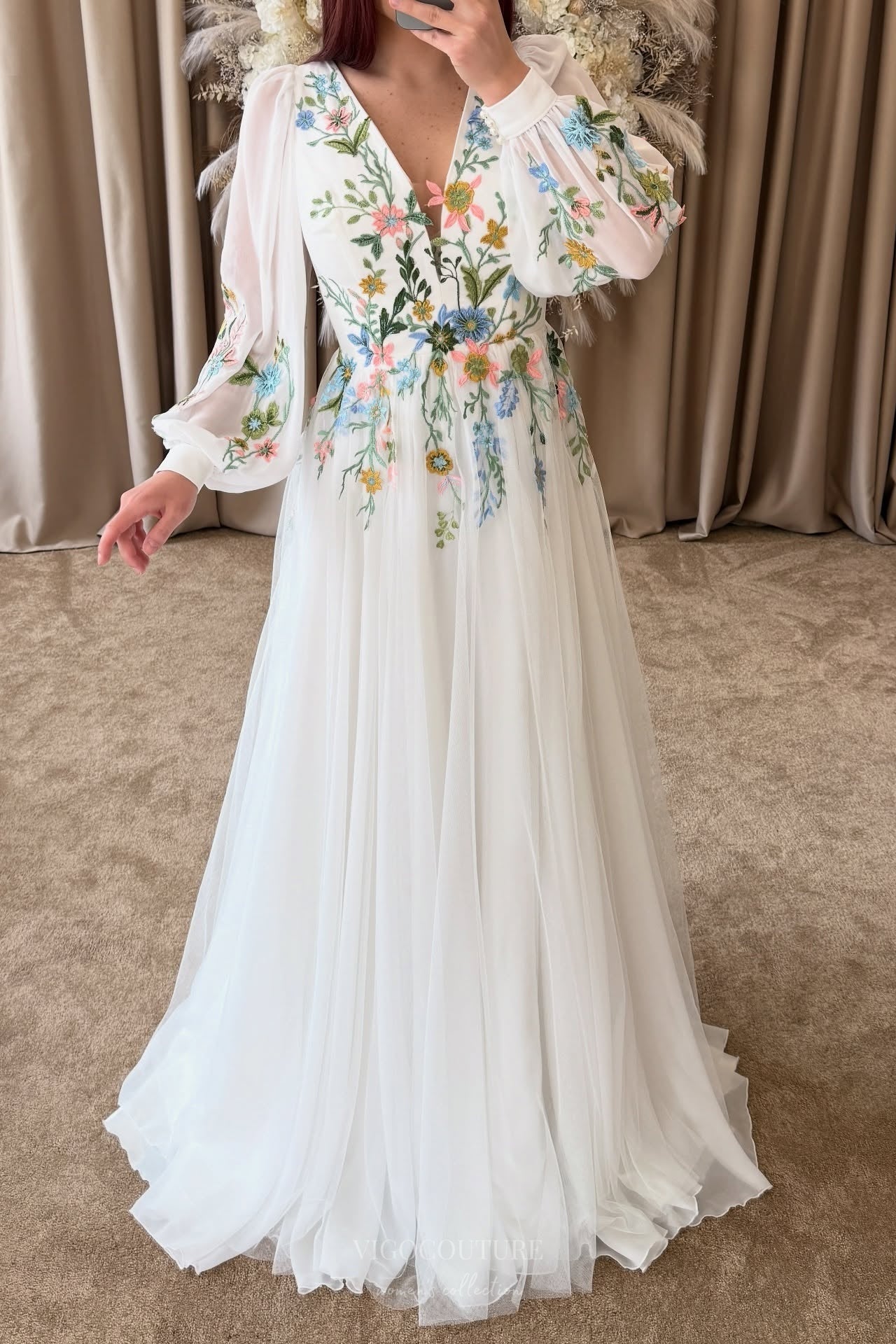 Wedding Dresses 2025 to impress Whimsical Ivory Wedding Dress with Pastel Wildflower Embroidery, Long Puff Sleeves & V-Neckline – W2376-vigocouture-vigocouture