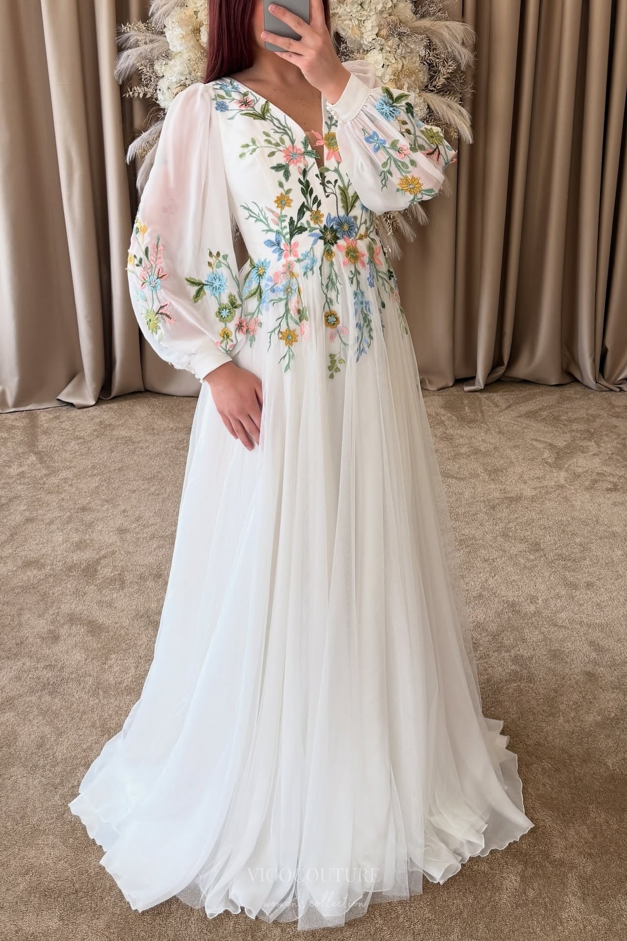 Whimsical Ivory Wedding Dress with Pastel Wildflower Embroidery, Long Puff Sleeves & V-Neckline – W2376