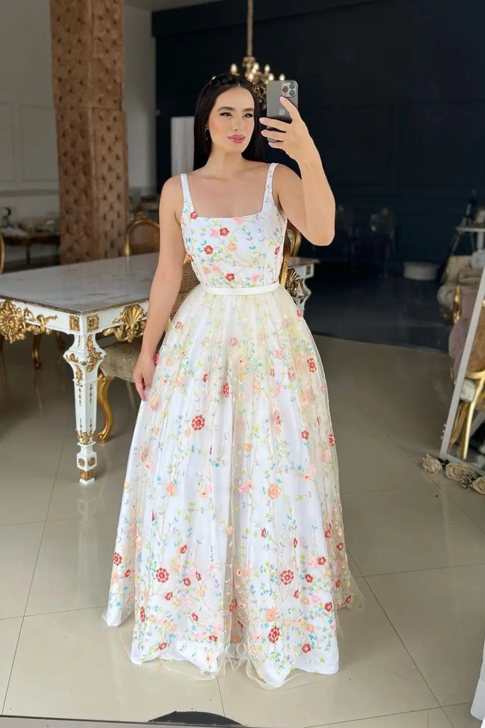 Whimsical White Floral Embroidered A-Line Wedding Dress with Square Neckline & Sheer Sleeves – W2643