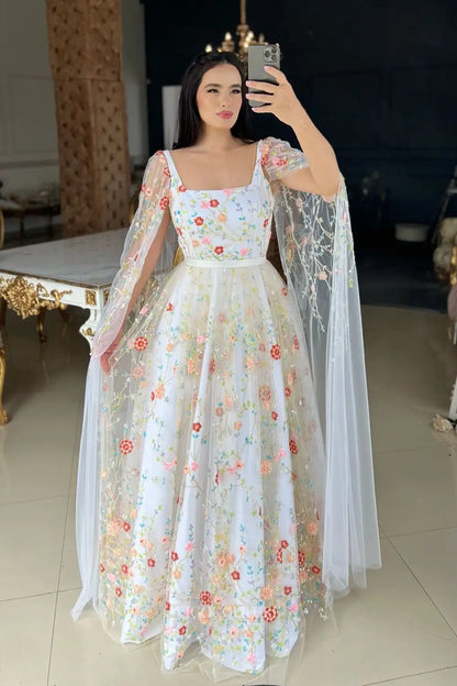 Whimsical White Floral Embroidered A-Line Wedding Dress with Square Neckline & Sheer Sleeves – W2643