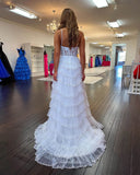 White Beaded Ruffle Prom Dresses Lace Applique Spaghetti Strap Evening Dress 24056-Prom Dresses-vigocouture-White-Custom Size-vigocouture