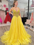 Yellow Beaded Lace Organza Prom Dresses 2024 Spaghetti Strap V-Neck 24217