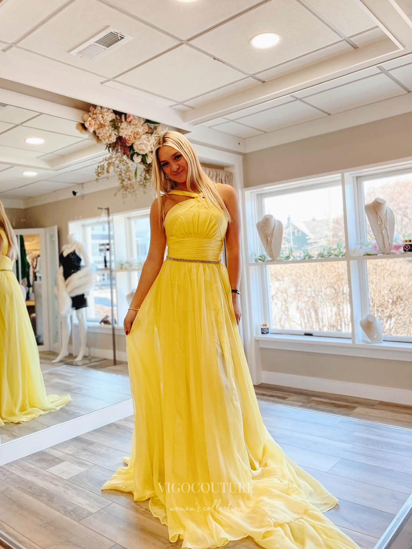 Yellow Chiffon Crossed Neck Prom Dresses Pleated Bodice Beaded Waist 24117-Prom Dresses-vigocouture-Yellow-Custom Size-vigocouture